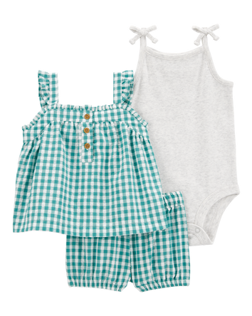 Baby 3-Piece Gingham Outfit Set - Green/Grey, 