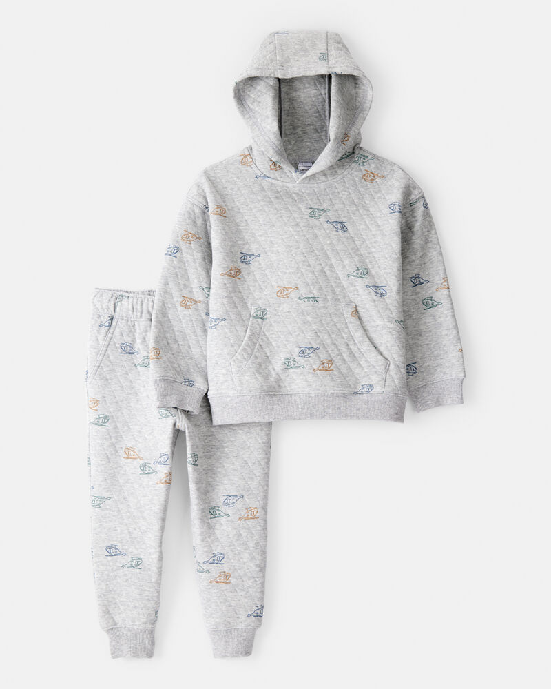 Toddler Boy 2-Piece Helicopter Quilted Hoodie & Pant Set - Grey, image 1 of 4 slides