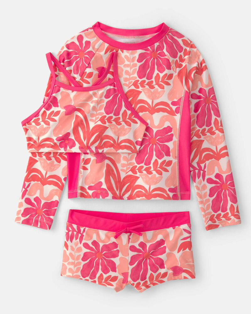 Girls 3-Piece Floral Long-Sleeve Rashguard Swimsuit Set - Pink/Orange, image 1 of 5 slides