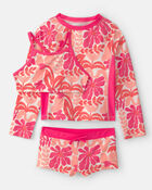 Girls 3-Piece Floral Long-Sleeve Rashguard Swimsuit Set - Pink/Orange, image 1 of 5 slides
