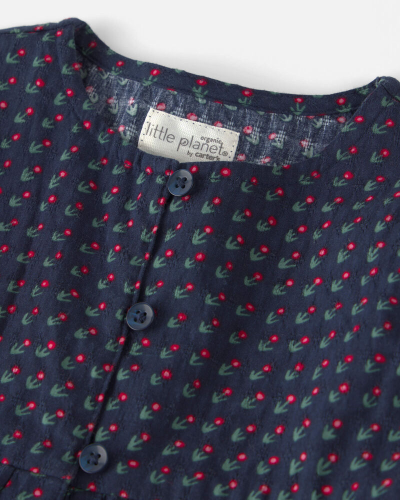 Toddler Girl Organic Cotton Dobby Dress in Navy Floral, image 3 of 5 slides