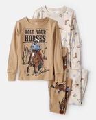 Boys Western Print 100% Cotton Long-Sleeve Snug Fit 4-Piece Pyjamas - Brown, image 1 of 4 slides