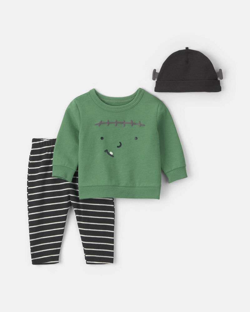 Baby 3-Piece Halloween Monster Top & Pant Set - Green/Black, image 1 of 6 slides