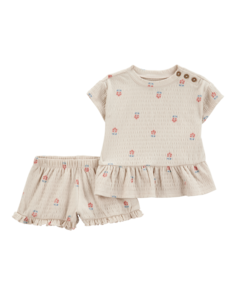 B&eacute;b&eacute; fille - Ensemble 2 pi&egrave;ces haut &agrave; basque imprim&eacute; fleurs et short, image 1 sur 2 diapositives