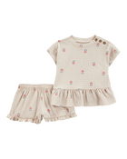 B&eacute;b&eacute; fille - Ensemble 2 pi&egrave;ces haut &agrave; basque imprim&eacute; fleurs et short, image 1 sur 2 diapositives