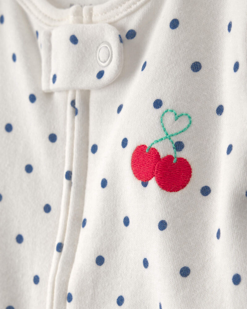 Baby Girl Cherry 2-Way Zip 100% Cotton Sleeper - White, image 2 of 6 slides