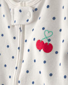 Baby Girl Cherry 2-Way Zip 100% Cotton Sleeper - White, image 2 of 6 slides