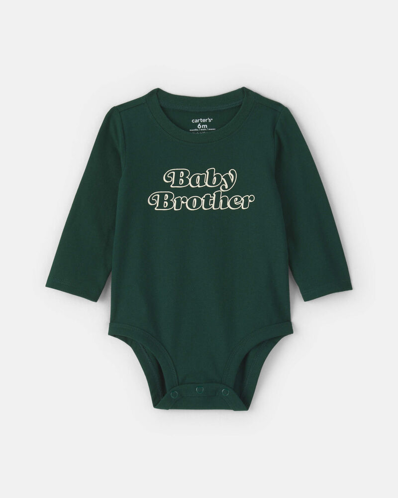 Baby Boy 'Baby Brother' Long-Sleeve Graphic Bodysuit - Green, image 1 of 3 slides