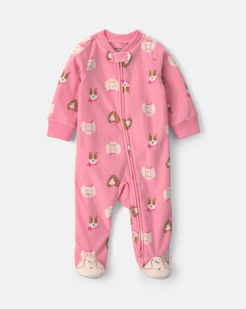 Baby Girl Dog Fleece 2-Way Zip Sleeper - Pink, 