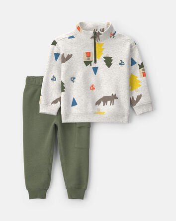 Baby Boy 2-Piece Fox Fleece Top & Pant Set - Grey/Olive Green, 