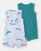 Baby 2-Pack Whale PurelySoft Short-Sleeve Romper Set - Blue, image 1 of 6 slides