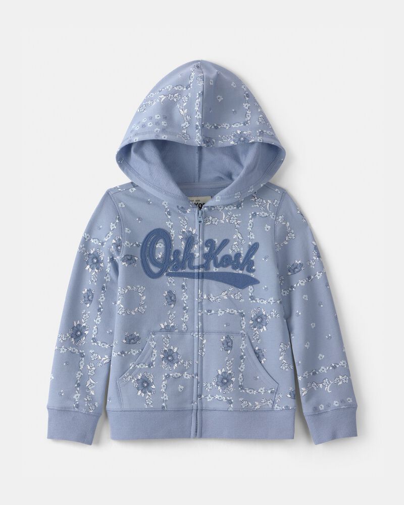 Tout-petit fille - Blouson OshKosh &agrave; capuchon, fermeture &agrave; glissi&egrave;re et logo, motif floral - Bleu, image 1 sur 3 diapositives