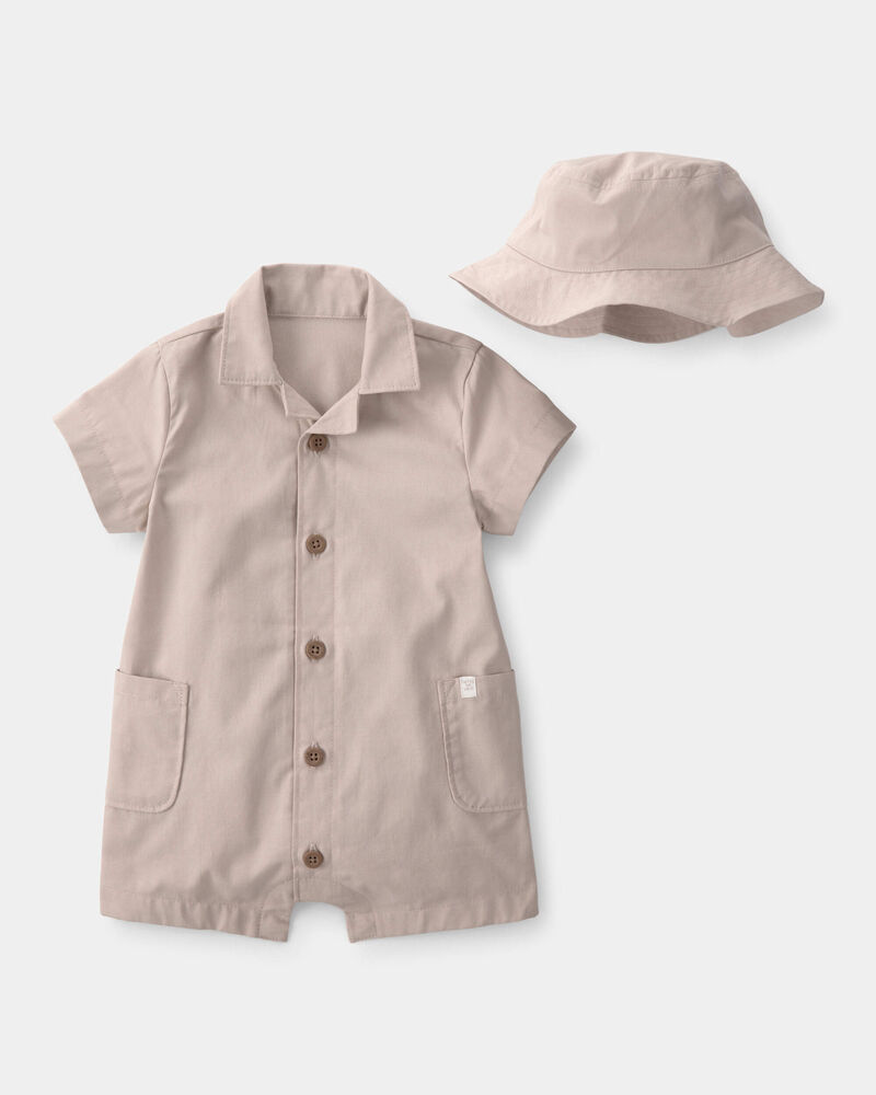 Baby Boy 2-Piece Solid Canvas Short-Sleeve Romper Set - Beige, image 1 of 3 slides