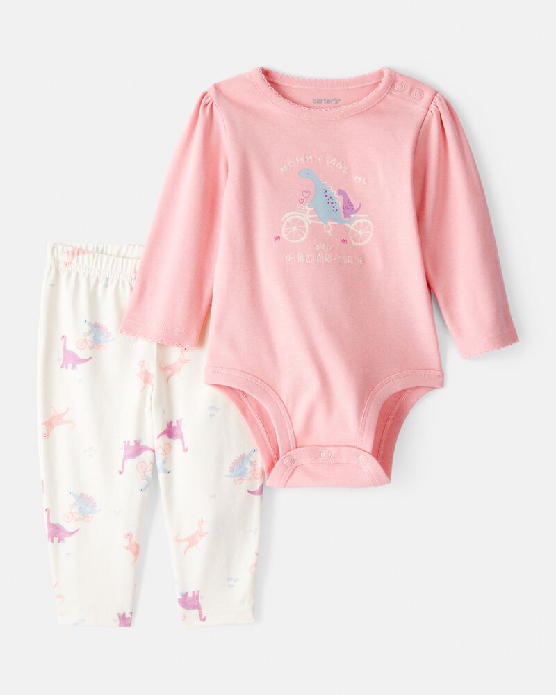 Baby Girl Dinosaur Print Cotton Long-Sleeve Tee & Pant Set - Pink/White, image 1 of 5 slides