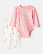 Baby Girl Dinosaur Print Cotton Long-Sleeve Tee & Pant Set - Pink/White, image 1 of 5 slides