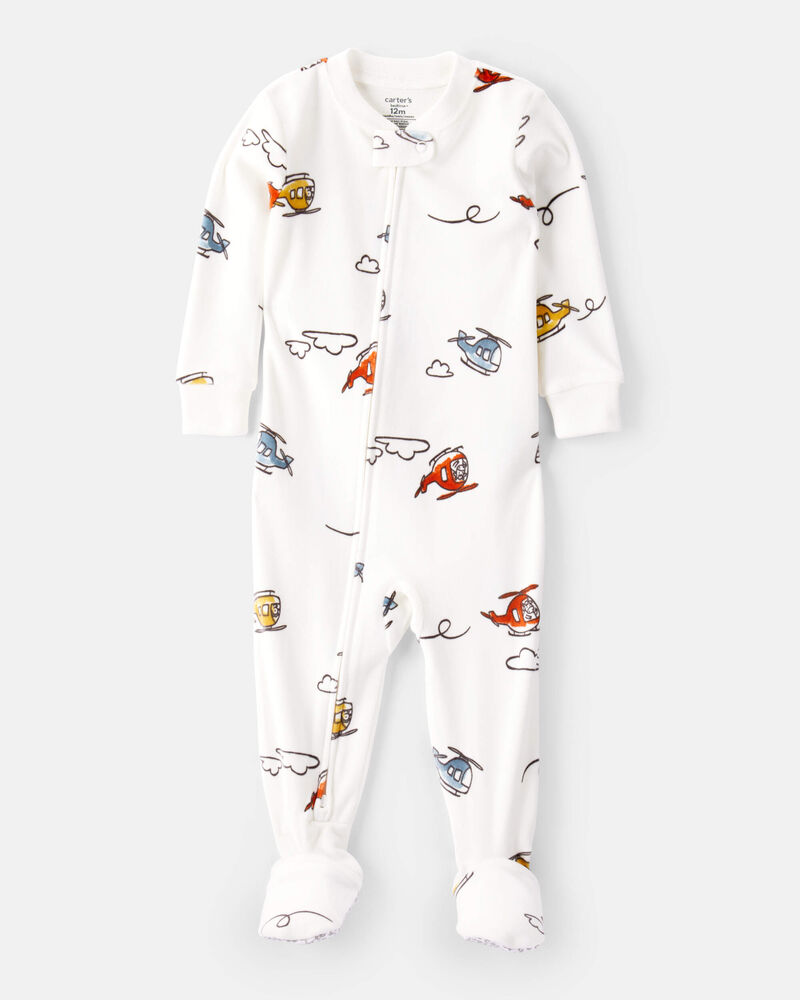 Toddler Boy Helicopter Print DreamPlush Snug Fit Long-Sleeve 2-Way Zip 1-Piece Pyjamas - White, image 1 of 3 slides