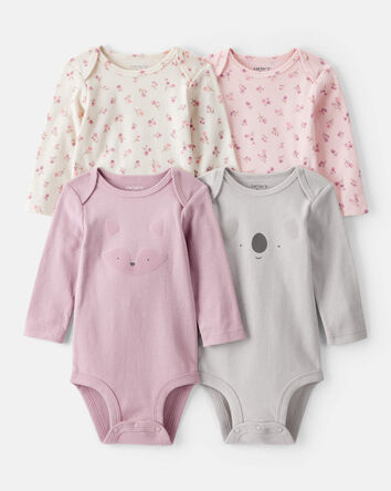 Baby Girl 4-Pack Koala Print Cotton Long-Sleeve Multipack Bodysuits - Purple/White/Pink, 