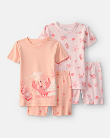 B&eacute;b&eacute; fille - Ensemble 4 pi&egrave;ces de pyjamas ajust&eacute;s &agrave; manches courtes en 100 % coton, coquillage - Rose/Orange, 