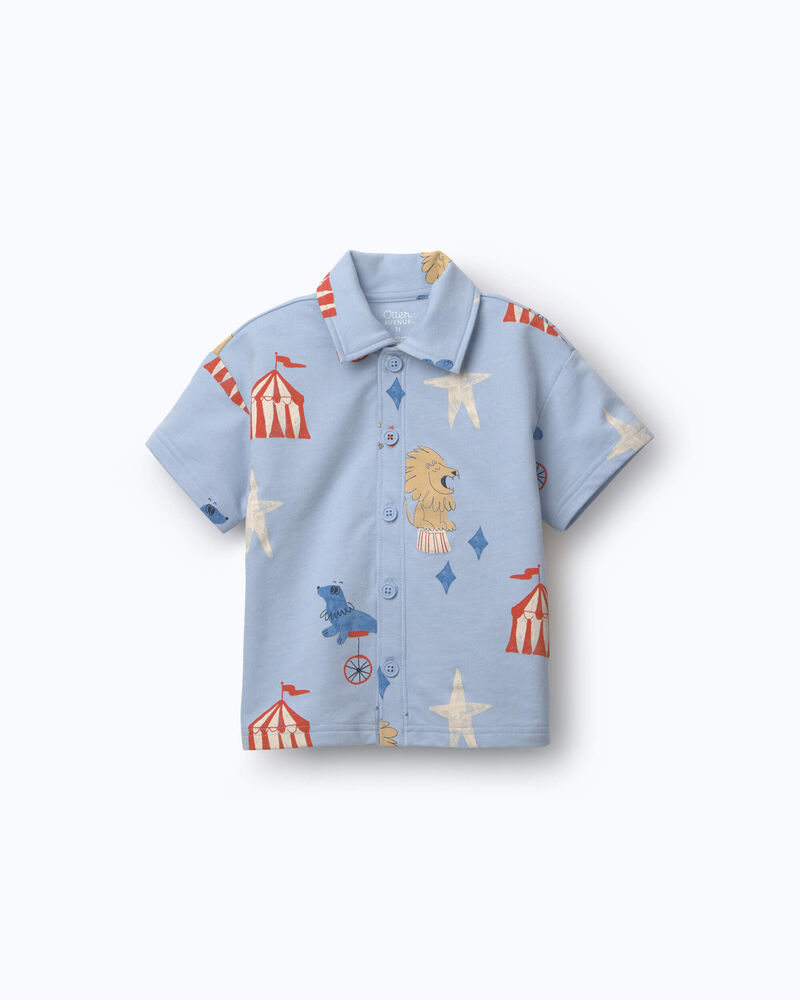 Toddler Boy Button-Down Short-Sleeve Shirt in Circus Print - Blue, image 2 of 6 slides