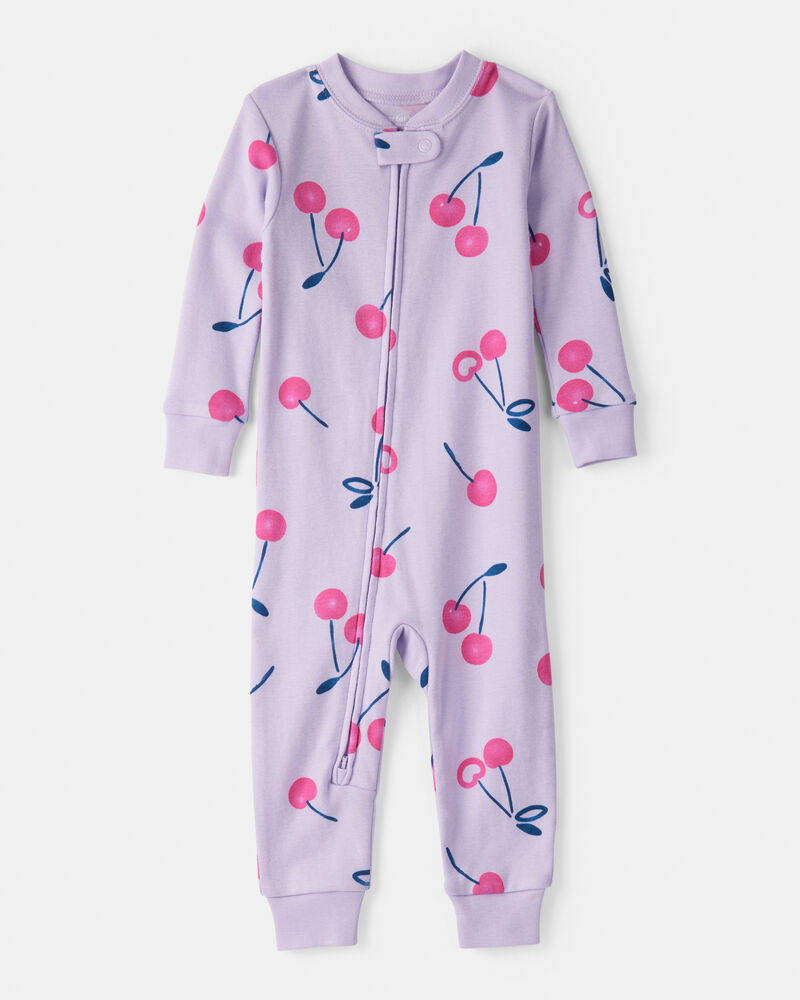 Baby Girl Cherry 100% Cotton Snug Fit 2-Way Zip 1-Piece Pyjamass - Purple, image 1 of 4 slides