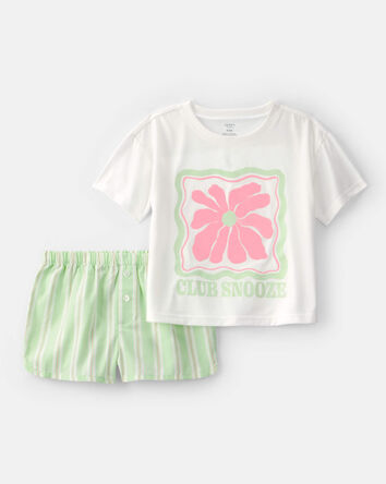Girls Club Snooze' Flower Short-Sleeve Loose Fit 2-Piece Pyjama Set - Ivory/Green, 