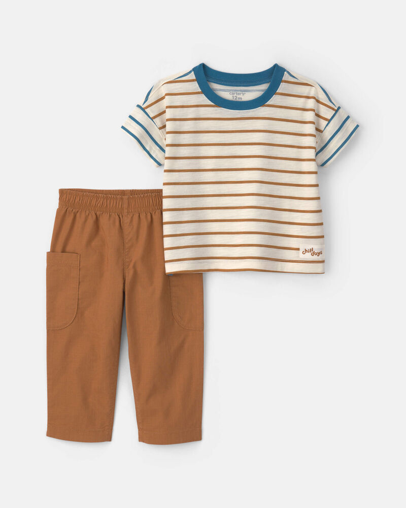 B&eacute;b&eacute; gar&ccedil;on - Ensemble 2 pi&egrave;ces haut manches courtes &agrave; rayures et pantalon, image 1 sur 4 diapositives