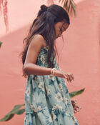 Girls  Smocked Linen Dress Made with Organic Cotton in Blue Hibiscus, image 2 of 6 slides