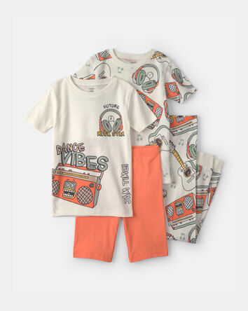 Boys Dance Vibes' 100% Cotton 4-Piece Pyjama Set - Ivory/Orange, 