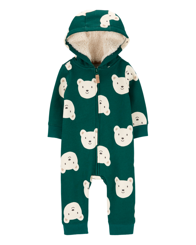 Baby Boy Bear Hooded Fleece Jumpsuit, image 1 of 3 slides