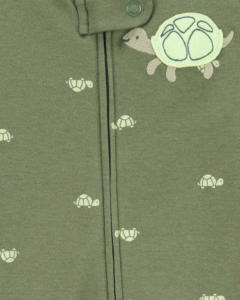 Baby Boy Turtle Print 2-Way Zip Cotton Sleeper Pyjamas - Green, image 2 of 3 slides