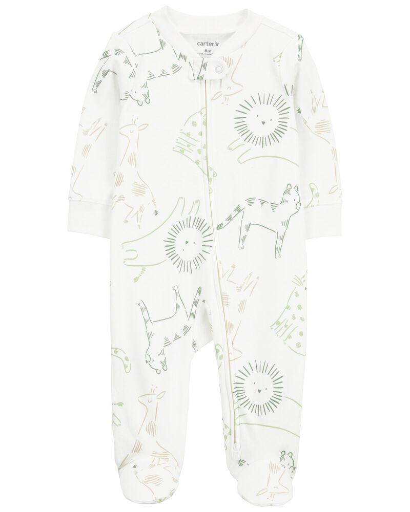 Ivory Animal Print Snap-Up Cotton Sleeper Pyjamas
