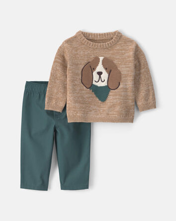 Baby Boy 2-Piece Dog Sweater Top & Pant Set - Brown/Green, 
