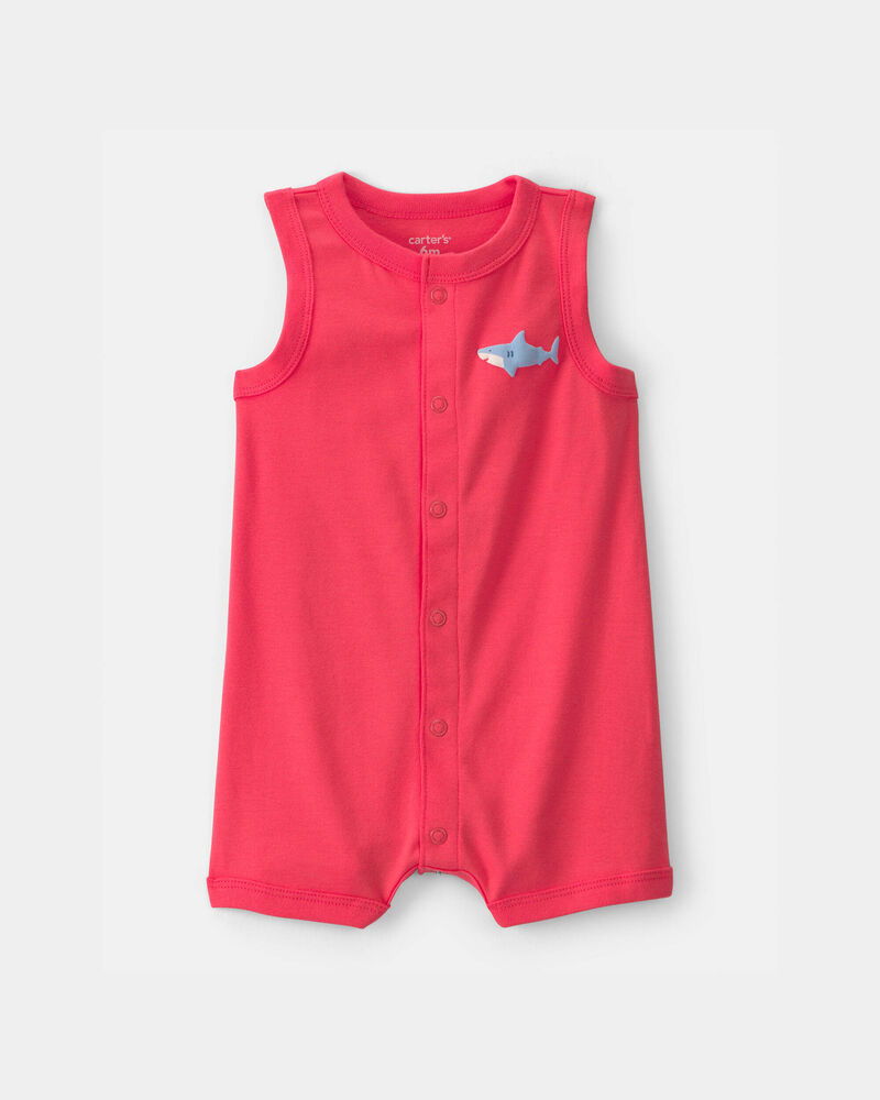 Baby Boy Shark Romper - Orange, image 1 of 4 slides