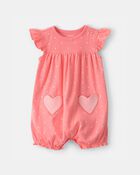 Baby Girl Heart Pocket Short-Sleeve Romper - Coral, image 1 of 4 slides