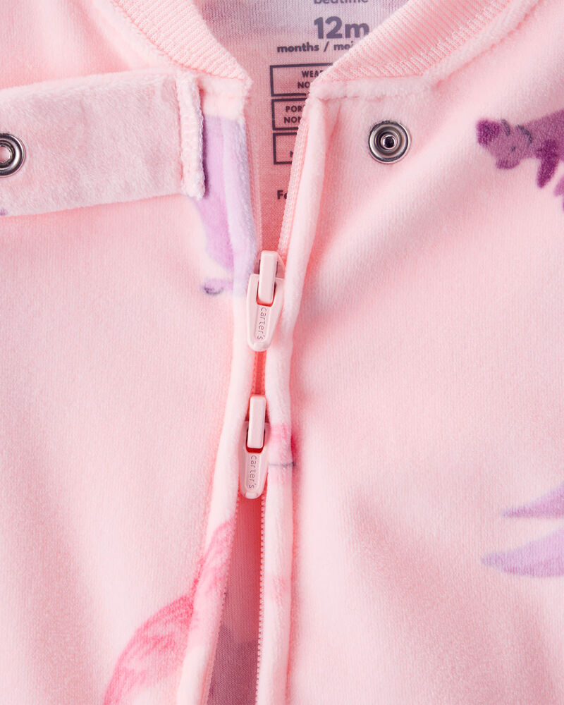 Baby Girl Dinosaur Print DreamPlush Snug Fit Long-Sleeve 2-Way Zip 1-Piece Pyjamas - Pink, image 2 of 4 slides