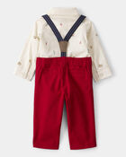 Baby Boy 3-Piece Holiday Print Cotton Long-Sleeve Shirt & Suspender Pant Set - Red/White, image 2 of 6 slides