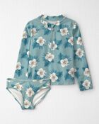 Girls 2-Piece Recycled Rashguard Swimsuit Set in Blue Hibiscus, image 1 of 4 slides