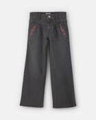 Filles - Pantalon en denim &agrave; jambe large &agrave; motif floral &ndash; D&eacute;lav&eacute; fonc&eacute;, image 1 sur 7 diapositives