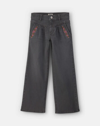 Filles - Pantalon en denim &agrave; jambe large &agrave; motif floral &ndash; D&eacute;lav&eacute; fonc&eacute;, 