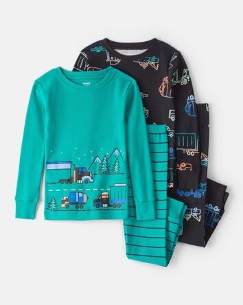 Toddler Boy Truck 100% Cotton Snug Fit 4-Piece Pyjamas - Green, 