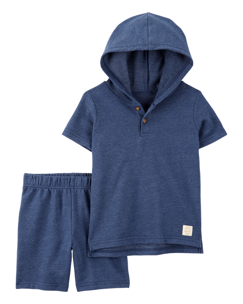 Enfant en bas âge Ensemble 2 pièces haut henley à capuchon et short - Bleu marine, image 1 sur 3 diapositives