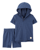 Enfant en bas âge Ensemble 2 pièces haut henley à capuchon et short - Bleu marine, image 1 sur 3 diapositives