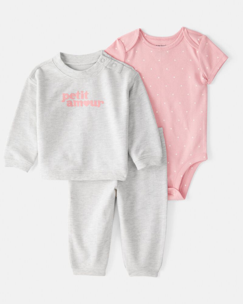 Baby Girl 3-Piece 'Petit Amour' Polka Dot Cardigan Outfit Set - Pink, image 1 of 5 slides