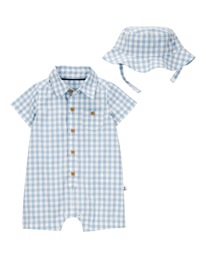 Baby 2-Piece Gingham Romper & Hat Set, image 1 of 3 slides
