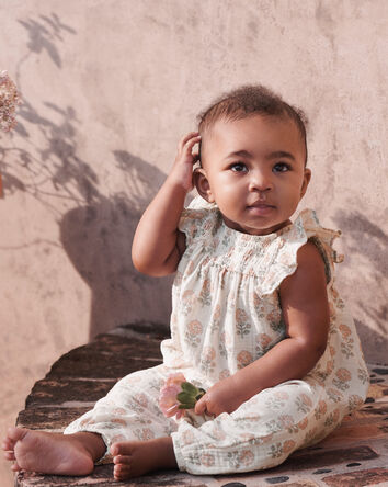 B&eacute;b&eacute; fille - Combinaison en tissu gaze de coton biologique &agrave; motif floral, 