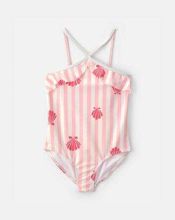 Girls 1-Piece Shell Striped Swimsuit - Pink, 
