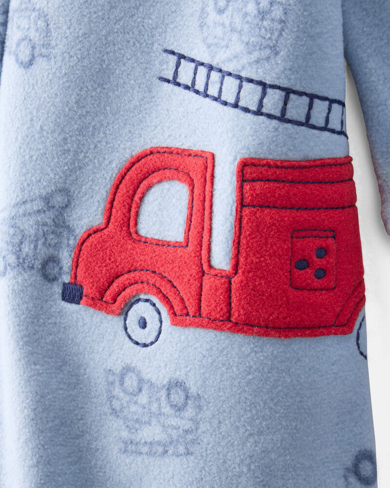 Tout-petit gar&ccedil;on - Pyjama une pi&egrave;ce &agrave; manches longues, coupe ample, imprim&eacute; de camion de pompier, fermeture &eacute;clair bidirectionnelle - Bleu, image 2 sur 3 diapositives