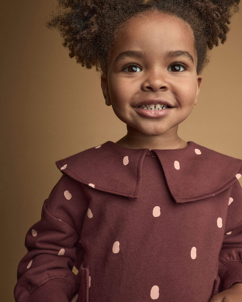 Toddler Girl Peter Pan Collar Pullover with Otter Pockets in Polka Dots - Burgundy, image 3 of 5 slides