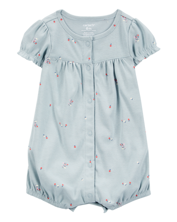 Baby Floral Print Ribbed Short-Sleeve Romper - Blue, 