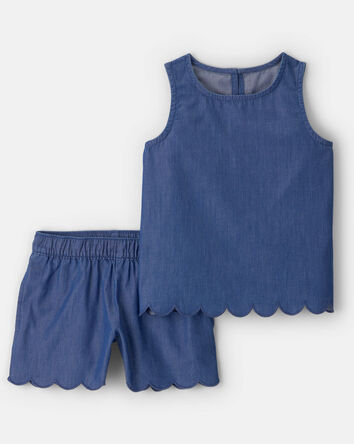 Filles - Ensemble 2 pi&egrave;ces haut et short festonn&eacute;s, en chambray - Bleu, 